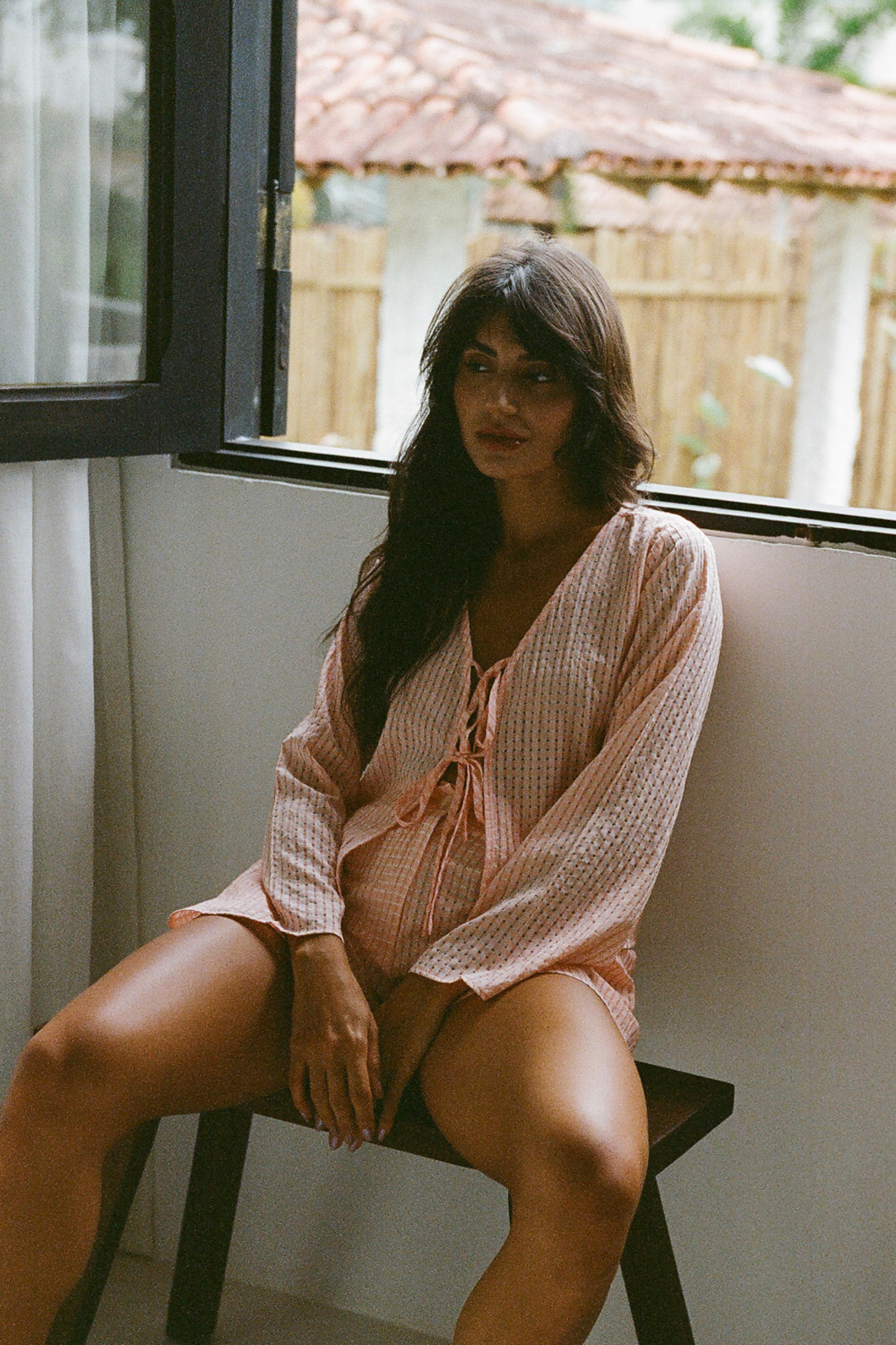 Camisa de Vichy com Amarração Coral Claro