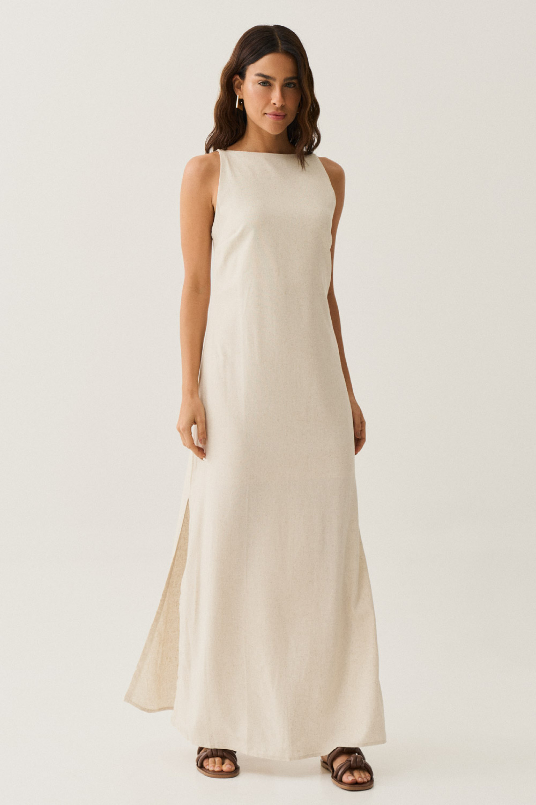 Vestido Midi com Costas Vazadas Natural