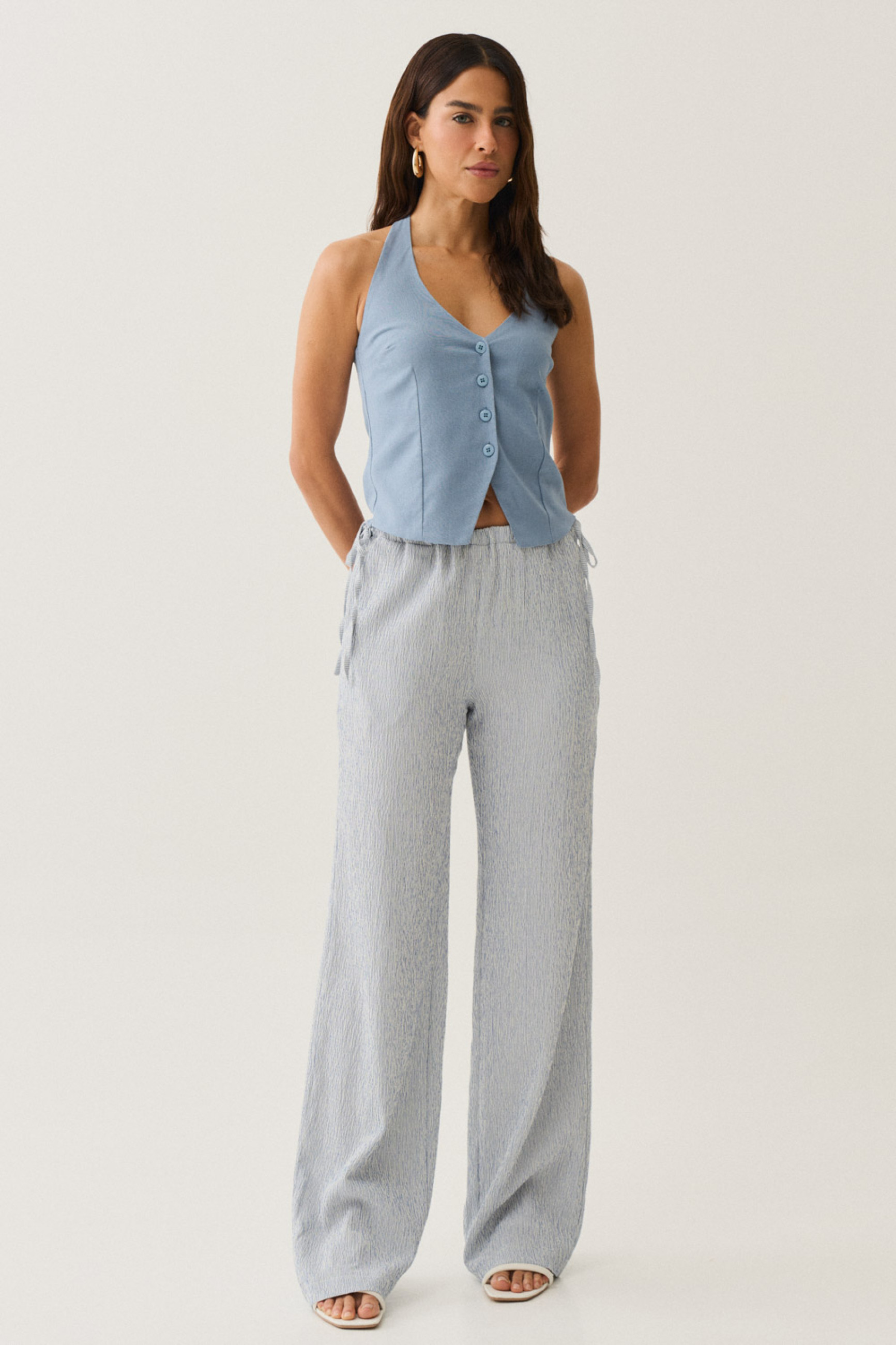 Calça Kiara Listrada Amarração Lateral Azul