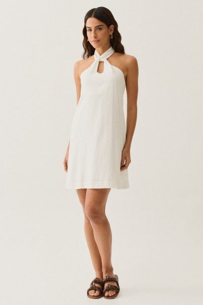 Vestido Curto com Torção na Gola Off White