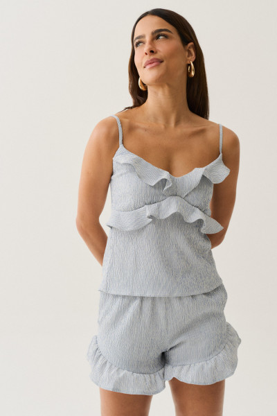 Shorts Listrado Babado Azul