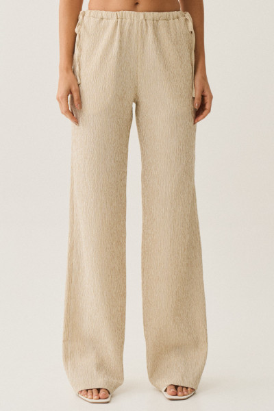 Calça Kiara Listrada Amarração Lateral Bege