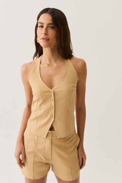 Shorts Botão Linho Celine Bege